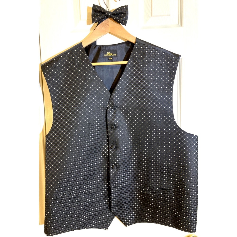 Louis Roth Mens XXL Navy Blue Polka Dot Quilted Formal Vest and Bow Tie Set
